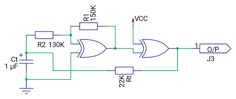 Schmitt oscillator with 4070 xor gates.png